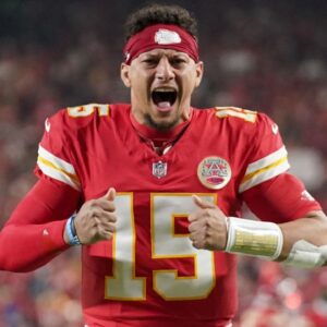 Kansas City Chiefs quarterback Patrick Mahomes (15) reacts prior to the game against the Washington Commanders at GEHA Field at Arrowhead Stadium.