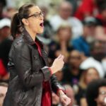 Sep 30, 2025; Las Vegas, Nevada, USA; Indiana Fever head coach Stephanie White reacts to play by the Las Vegas Aces during the third quarter of game five of the second round for the 2025 WNBA Playoffs at Michelob Ultra Arena.