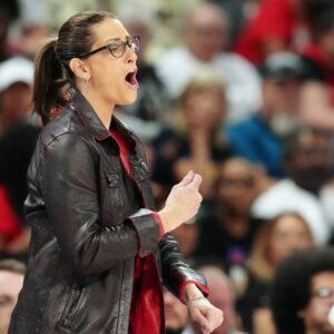 Sep 30, 2025; Las Vegas, Nevada, USA; Indiana Fever head coach Stephanie White reacts to play by the Las Vegas Aces during the third quarter of game five of the second round for the 2025 WNBA Playoffs at Michelob Ultra Arena.