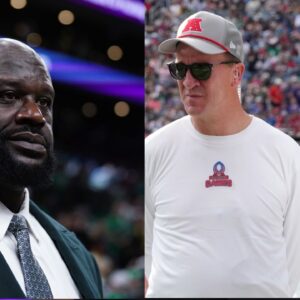 Shaquille O'Neal (L), Peyton and Eli Manning (R)