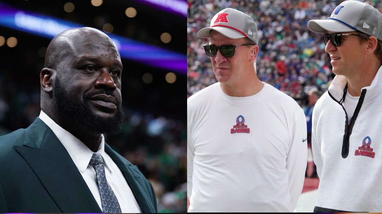 Shaquille O'Neal (L), Peyton and Eli Manning (R)