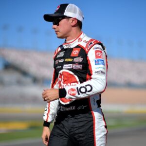 Oct 11, 2025; Las Vegas, Nevada, USA; NASCAR Cup Series driver Christopher Bell (20) during qualifying for the South Point 400 at Las Vegas Motor Speedway