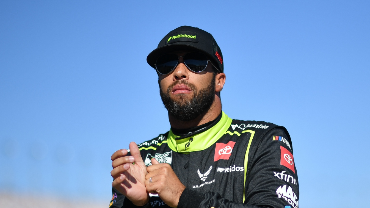 Oct 11, 2025; Las Vegas, Nevada, USA; NASCAR Cup Series driver Bubba Wallace (23) during qualifying for the South Point 400 at Las Vegas Motor Speedway. Mandatory Credit: Gary A. Vasquez-Imagn Images