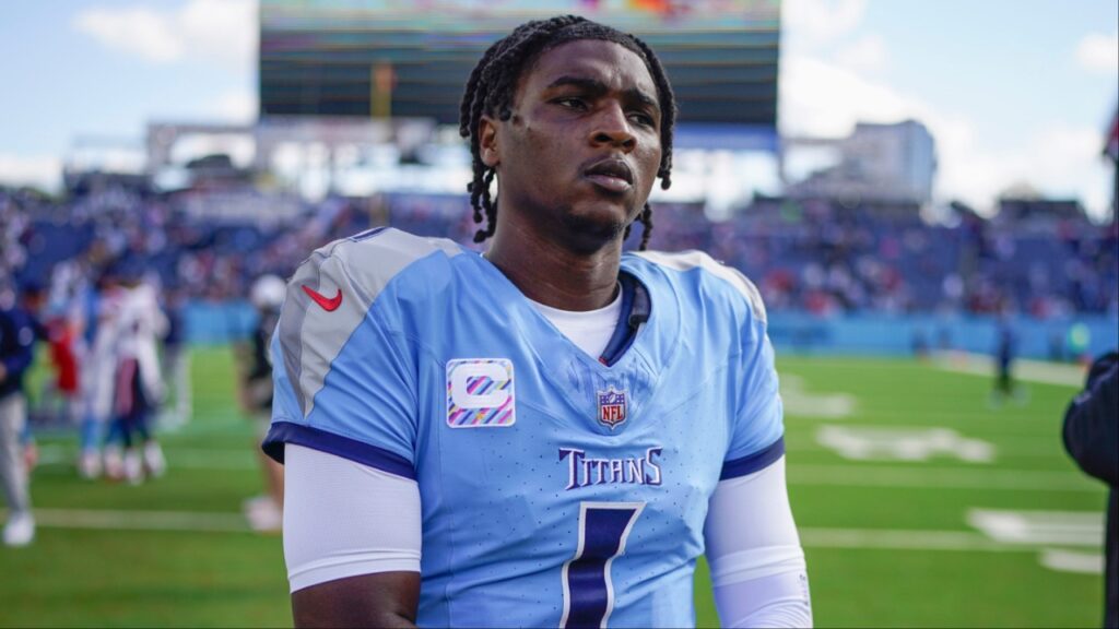 Tennessee Titans quarterback Cam Ward (1) heads to the locker room after the game against the New England Patriots at Nissan Stadium in Nashville, Tenn., Sunday, Oct. 19, 2025.