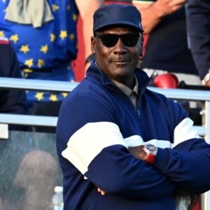 Michael Jordan watches the first hole on the penultimate day of competition for the Ryder Cup at Bethpage Black.