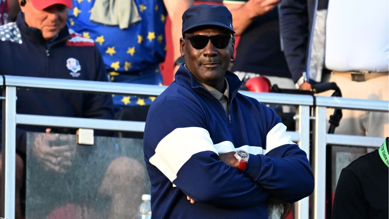 Michael Jordan watches the first hole on the penultimate day of competition for the Ryder Cup at Bethpage Black.
