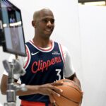 Sep 29, 2025; Inglewood, CA, USA; Los Angeles Clippers guard Chris Paul (3) poses during media day at Intuit Dome