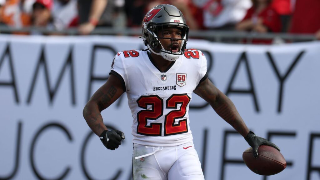 Oct 12, 2025; Tampa, Florida, USA; Tampa Bay Buccaneers cornerback Kindle Vildor (22) celebrates a touchdown during the first quarter against the San Francisco 49ers at Raymond James Stadium. Mandatory Credit: Nathan Ray Seebeck-Imagn Images