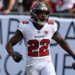 Oct 12, 2025; Tampa, Florida, USA; Tampa Bay Buccaneers cornerback Kindle Vildor (22) celebrates a touchdown during the first quarter against the San Francisco 49ers at Raymond James Stadium. Mandatory Credit: Nathan Ray Seebeck-Imagn Images