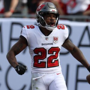 Oct 12, 2025; Tampa, Florida, USA; Tampa Bay Buccaneers cornerback Kindle Vildor (22) celebrates a touchdown during the first quarter against the San Francisco 49ers at Raymond James Stadium. Mandatory Credit: Nathan Ray Seebeck-Imagn Images