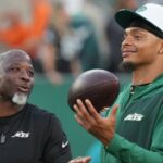 East Rutherford, NJ -- August 22, 2025 -- Coach Aaron Glenn and quarterback Justin Fields of the Jets before the game. The Philadelphia Eagles came to MetLife Stadium to play the NY Jets in the final preseason season game.
