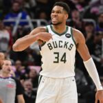 Milwaukee Bucks forward Giannis Antetokounmpo (34) reacts after scoring a basket in the 3rd quarter against the New York Knicks at Fiserv Forum.