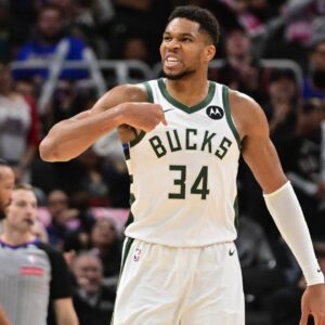 Milwaukee Bucks forward Giannis Antetokounmpo (34) reacts after scoring a basket in the 3rd quarter against the New York Knicks at Fiserv Forum.
