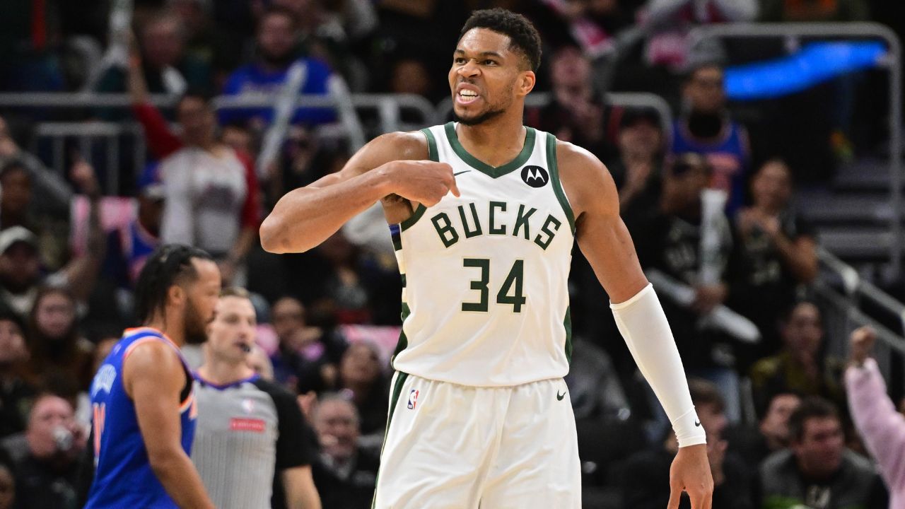 Milwaukee Bucks forward Giannis Antetokounmpo (34) reacts after scoring a basket in the 3rd quarter against the New York Knicks at Fiserv Forum.