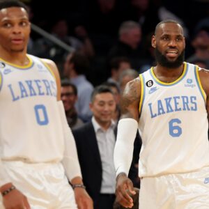 Jan 31, 2023; New York, New York, USA; Los Angeles Lakers forward LeBron James (6) and guard Russell Westbrook (0) react during overtime against the New York Knicks at Madison Square Garden