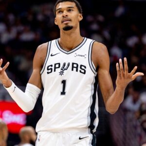 Oct 24, 2025; New Orleans, Louisiana, USA; San Antonio Spurs forward/center Victor Wembanyama (1) reacts to being fouled by New Orleans Pelicans center Derik Queen (not pictured) during the second half at Smoothie King Center.