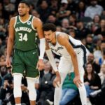 Jan 31, 2025; San Antonio, Texas, USA; Milwaukee Bucks forward Giannis Antetokounmpo (34) and San Antonio Spurs center Victor Wembanyama (1) during the first half at Frost Bank Center. Mandatory Credit: Scott Wachter-Imagn Images