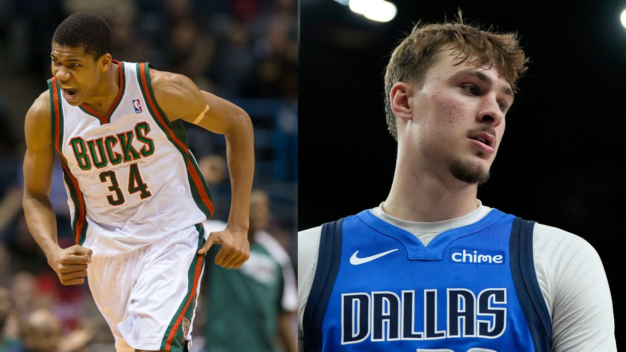 Giannis Antetokounmpo (L), Cooper Flagg (R)