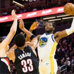 Golden State Warriors forward Jonathan Kuminga (1) shoots as Portland Trail Blazers forward Toumani Camara (33) defends during the third quarter at Chase Center