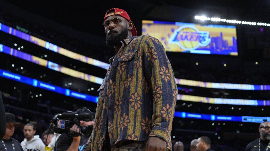Oct 24, 2025; Los Angeles, California, USA; Los Angeles Lakers forward LeBron James reacts during the game against the Minnesota Timberwolves at Crypto.com Arena