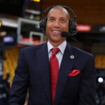 Reggie Miller speaks during a broadcast prior to game four of the eastern conference finals between the Indiana Pacers and the New York Knicks for the 2025 NBA Playoffs at Gainbridge Fieldhouse.