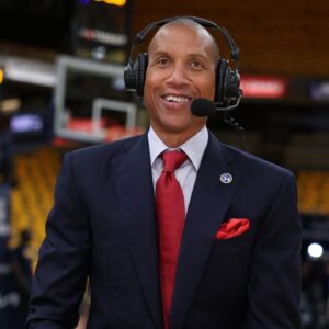 Reggie Miller speaks during a broadcast prior to game four of the eastern conference finals between the Indiana Pacers and the New York Knicks for the 2025 NBA Playoffs at Gainbridge Fieldhouse.