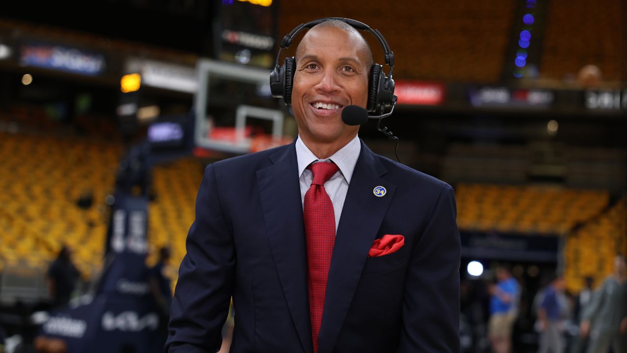 Reggie Miller speaks during a broadcast prior to game four of the eastern conference finals between the Indiana Pacers and the New York Knicks for the 2025 NBA Playoffs at Gainbridge Fieldhouse.