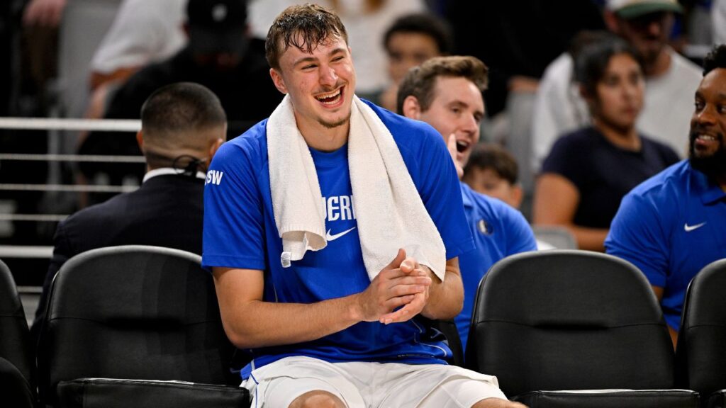 Dallas Mavericks forward Cooper Flagg (32) looks on from the team bench during the second half against the Oklahoma City Thunder at Dickie's Arena.