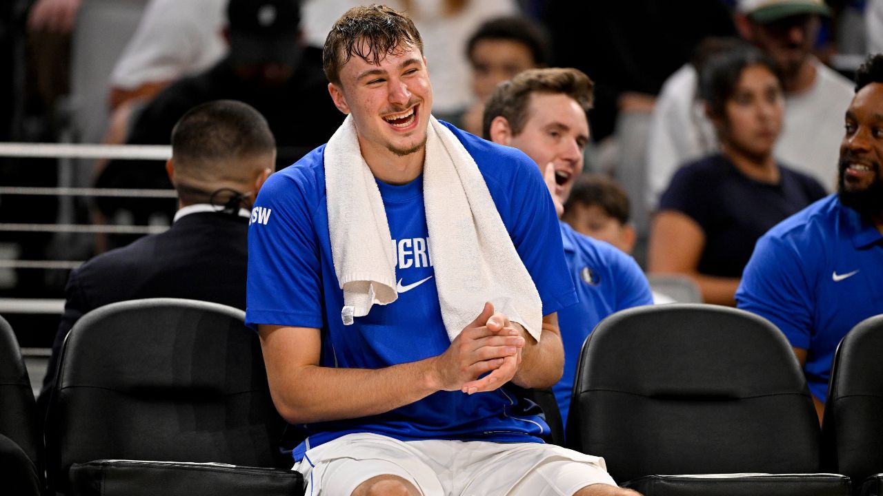 Dallas Mavericks forward Cooper Flagg (32) looks on from the team bench during the second half against the Oklahoma City Thunder at Dickie's Arena.