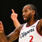 Los Angeles Clippers forward Kawhi Leonard (2) points after the ref makes a call against the Denver Nuggets during the second quarter at Intuit Dome