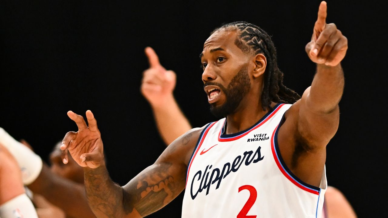 Los Angeles Clippers forward Kawhi Leonard (2) points after the ref makes a call against the Denver Nuggets during the second quarter at Intuit Dome