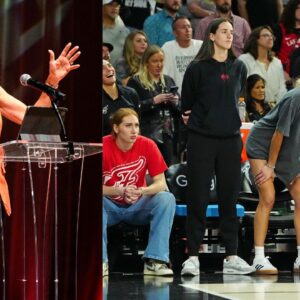 (L) Cathy Engelbert (R) Caitlin Clark and Sophie Cunningham