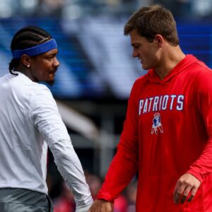 New England Patriots quarterback Drake Maye (10) and New England Patriots wide receiver Stefon Diggs (8) before the game against the Pittsburgh Steelers at Gillette Stadium.