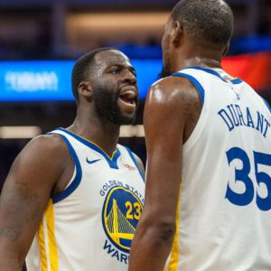 Dec 14, 2018; Sacramento, CA, USA; Golden State Warriors forward Draymond Green (23) and forward Kevin Durant (35) celebrate after defeating the Sacramento Kings at Golden 1 Center.