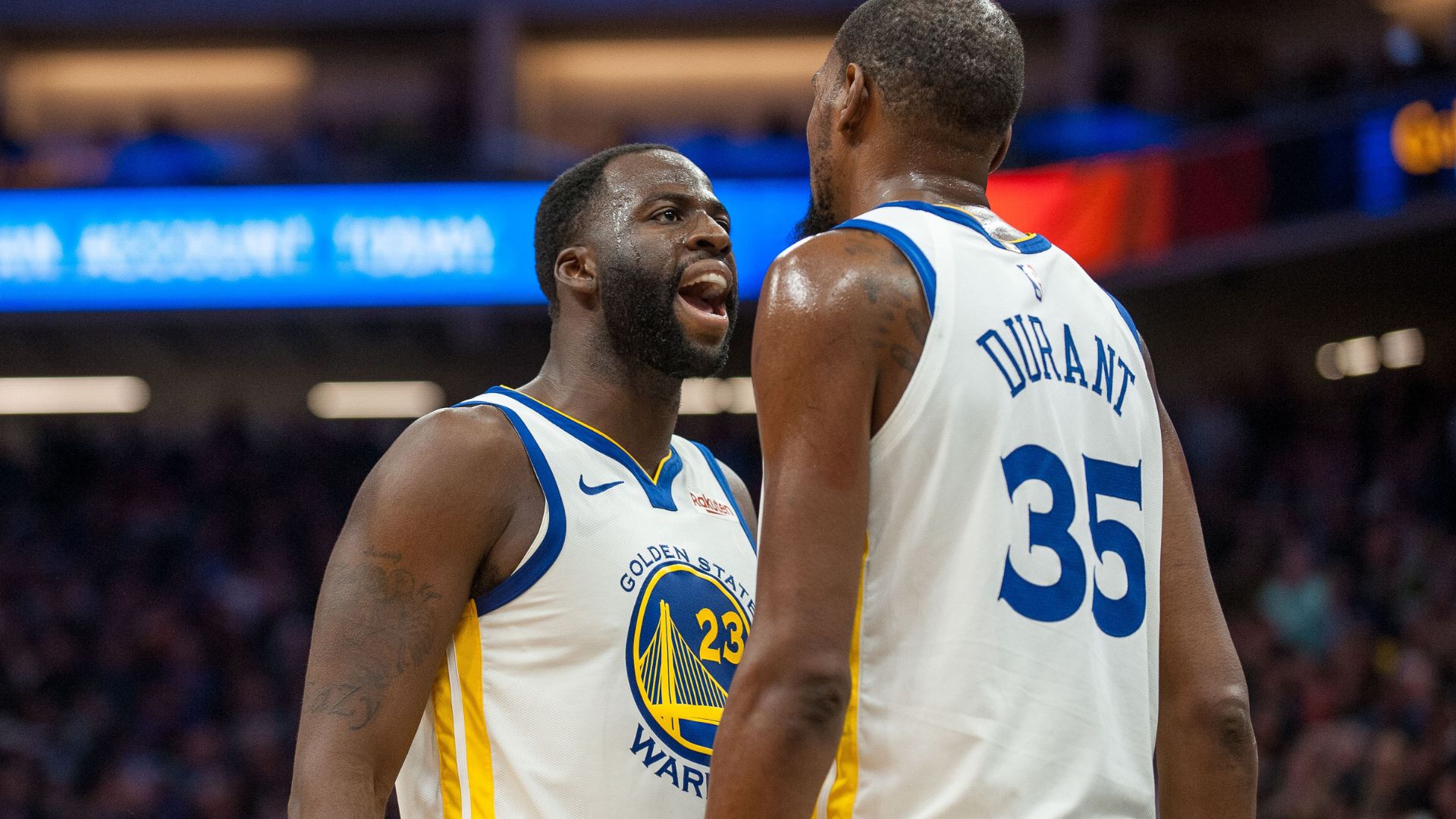 Dec 14, 2018; Sacramento, CA, USA; Golden State Warriors forward Draymond Green (23) and forward Kevin Durant (35) celebrate after defeating the Sacramento Kings at Golden 1 Center.