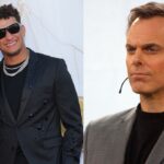 Patrick Mahomes and Brittany Mahomes (left), Colin Cowherd (right)