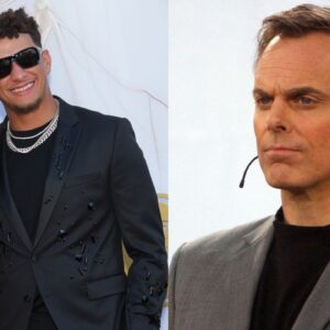 Patrick Mahomes and Brittany Mahomes (left), Colin Cowherd (right)