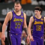 Los Angeles Lakers guard Luka Doncic (77) and guard Austin Reaves (15) during the game between the Dallas Mavericks and the Los Angeles Lakers at American Airlines Center