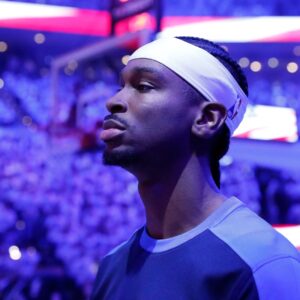 Apr 20, 2025; Oklahoma City, Oklahoma, USA; Oklahoma City Thunder guard Shai Gilgeous-Alexander (2) during the National Anthem before a game against the Memphis Grizzlies at Paycom Center.
