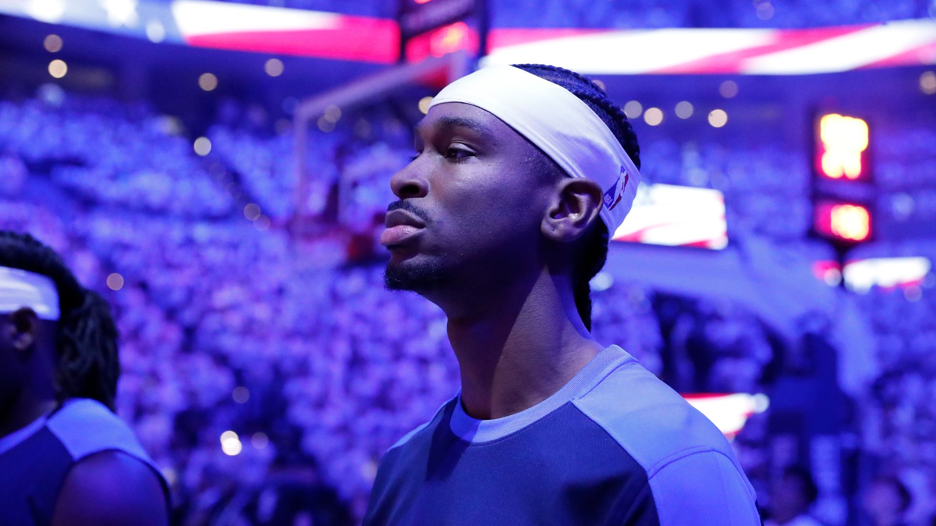 Apr 20, 2025; Oklahoma City, Oklahoma, USA; Oklahoma City Thunder guard Shai Gilgeous-Alexander (2) during the National Anthem before a game against the Memphis Grizzlies at Paycom Center.