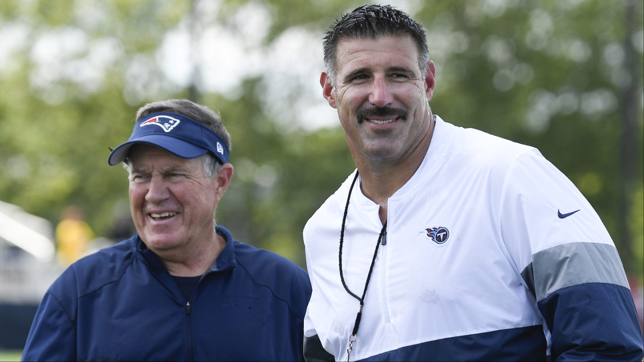 New England Patriots head coach Bill Belichick, left, shares a laugh with Tennessee Titans head coach Mike Vrabel after a joint training camp practice at Saint Thomas Sports Park Aug. 14, 2019 in Nashville. Nas Titans 8 14 Observations 030