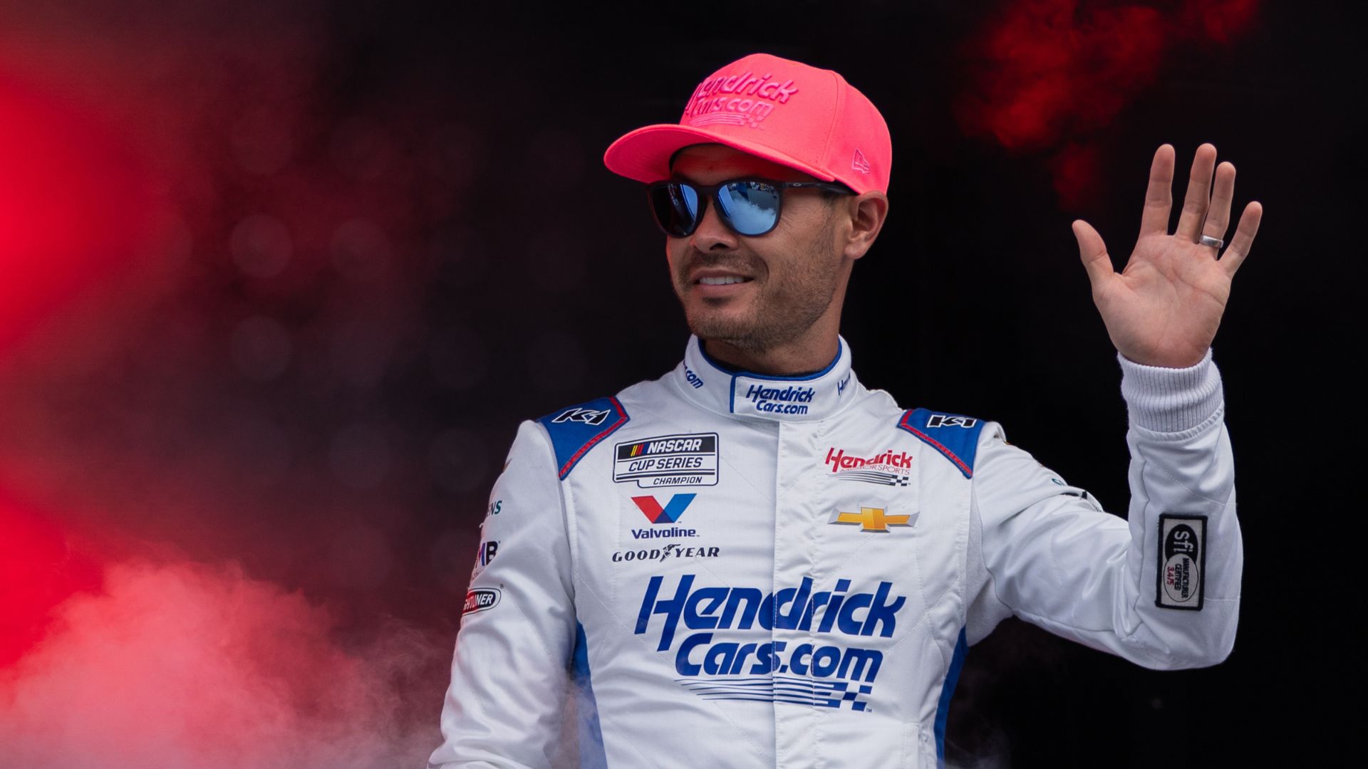 Oct 5, 2025; Concord, North Carolina, USA; NASCAR Cup Series driver Kyle Larson (5) is introduced at Charlotte Motor Speedway Road Course.