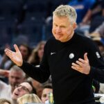 Oct 8, 2025; San Francisco, California, USA; Golden State Warriors head coach Steve Kerr reacts during the fourth quarter against the Portland Trail Blazers at Chase Center.