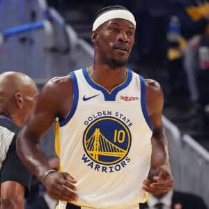 Golden State Warriors forward Jimmy Butler III (10) waits for action to resume in the first quarter against the Los Angeles Lakers at Chase Center.