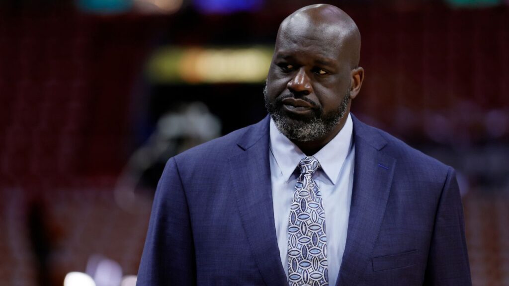 Shaquille O'Neal looks on before game four between the Miami Heat and the Boston Celtics in the Eastern Conference Finals for the 2023 NBA playoffs at Kaseya Center.