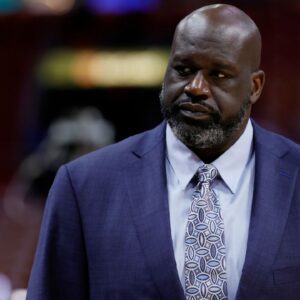 Shaquille O'Neal looks on before game four between the Miami Heat and the Boston Celtics in the Eastern Conference Finals for the 2023 NBA playoffs at Kaseya Center.