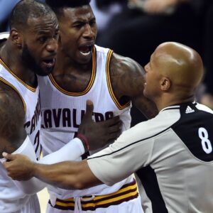 Jun 9, 2017; Cleveland, OH, USA; Cleveland Cavaliers forward LeBron James (23) and Cleveland Cavaliers guard Iman Shumpert (4) argue a call during the third quarter against the Golden State Warriors in game four of the Finals for the 2017 NBA Playoffs at Quicken Loans Arena