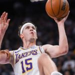 Los Angeles Lakers guard Austin Reaves (15) is fouled on the shot during the second quarter of the game against the Sacramento Kings at Golden 1 Center.