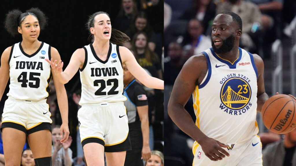 (L) Hannah Stuelke and Caitlin Clark (R) Draymond Green