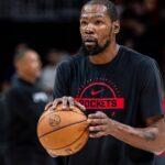 Oct 16, 2025; Atlanta, Georgia, USA; Houston Rockets forward Kevin Durant (7) warms up prior to the game against the Atlanta Hawks at State Farm Arena.